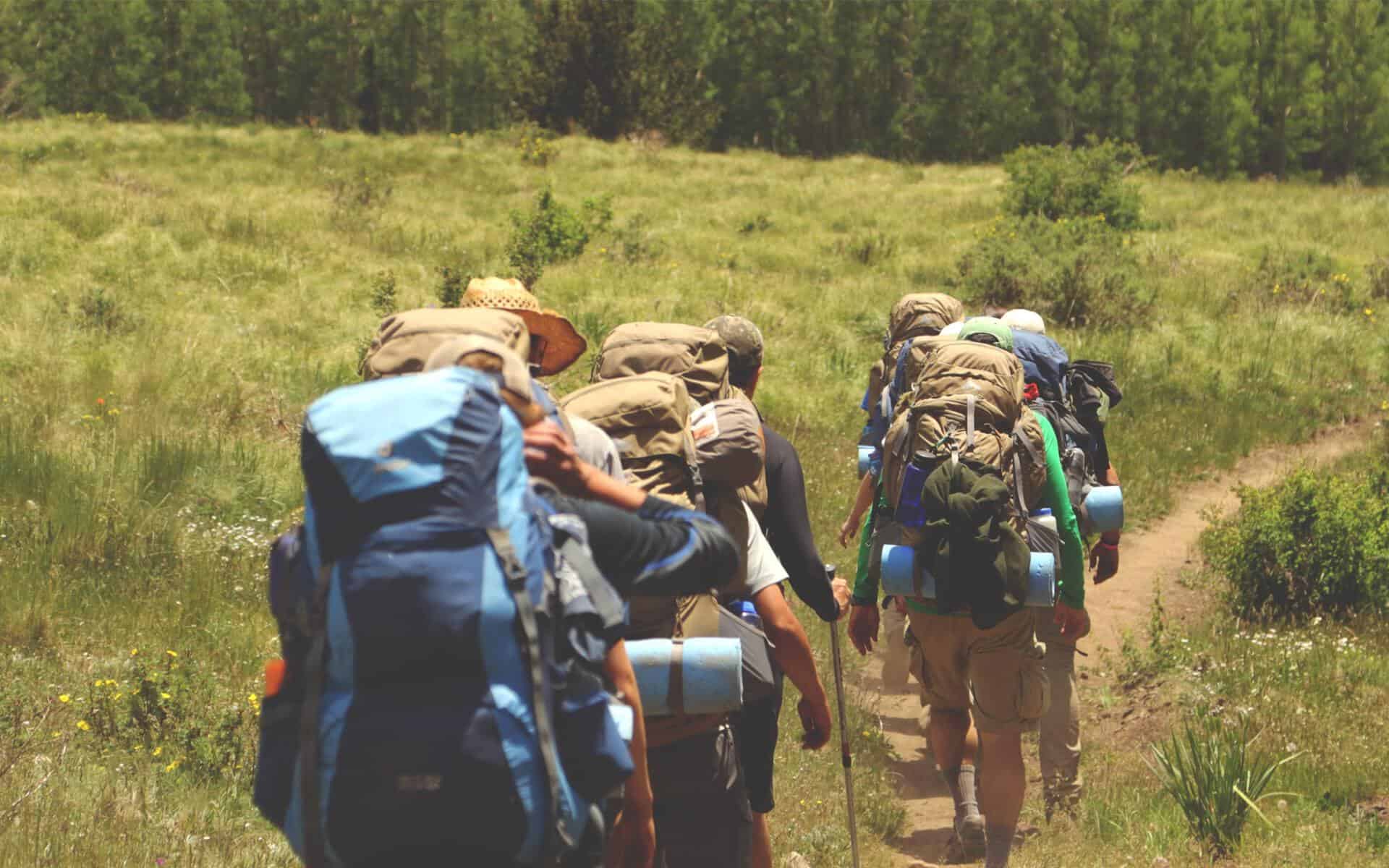 Группа туристов за первый день девятидневного похода. Туристический рюкзак урэкс-100. Походы по Подмосковью. Группа туристов в лесу.